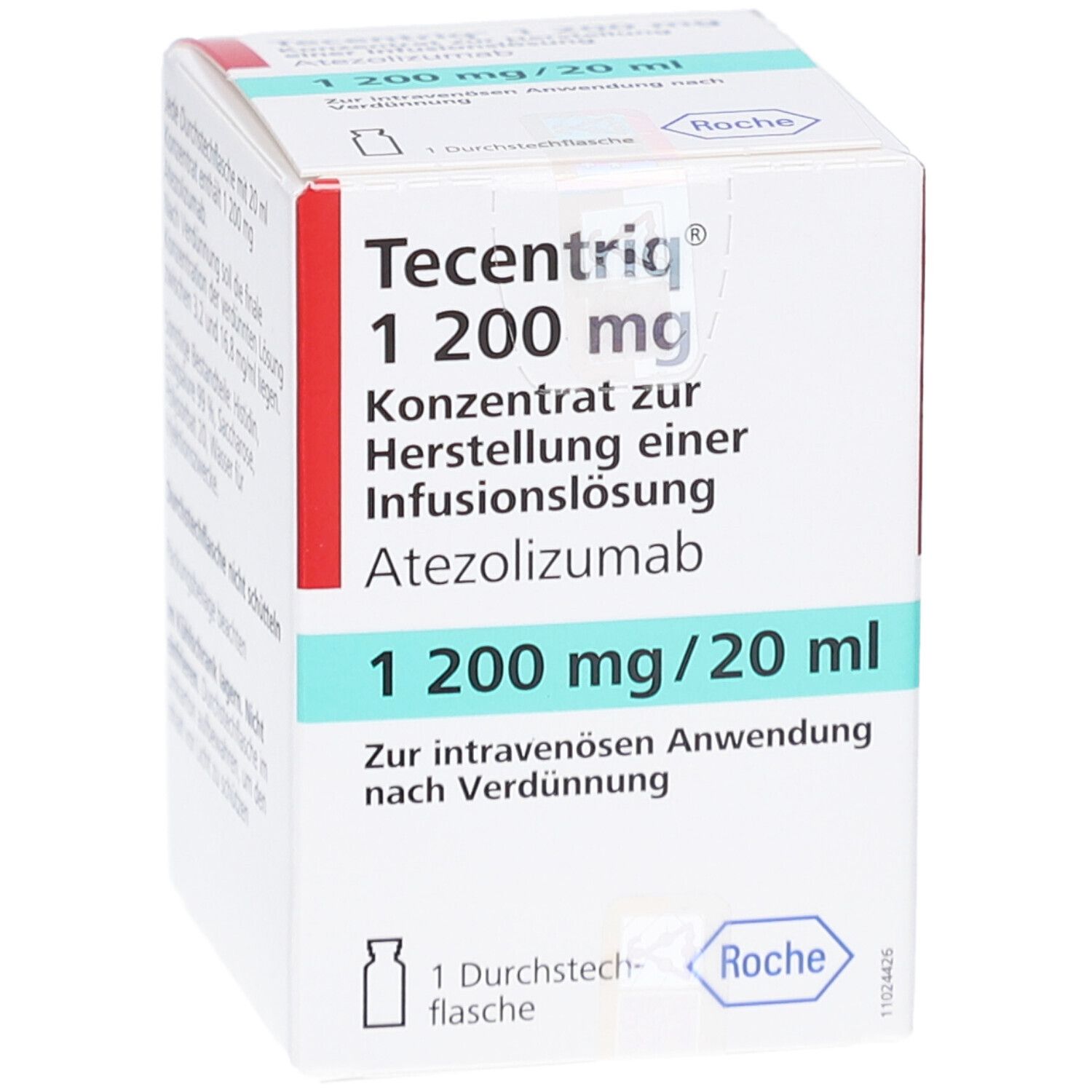 Schachtel Tecentriq 1200 mg. Konzentrat zur Herstellung einer Infusionslösung. Enthält Atezolizumab. 1 Durchstechflasche. Roche Logo.