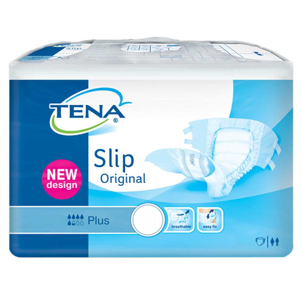 Verpackung von TENA Slip Original Plus S. Weiß-blaue Verpackung mit Produktabbildung. Text: TENA, Slip Original, Plus, New Design.