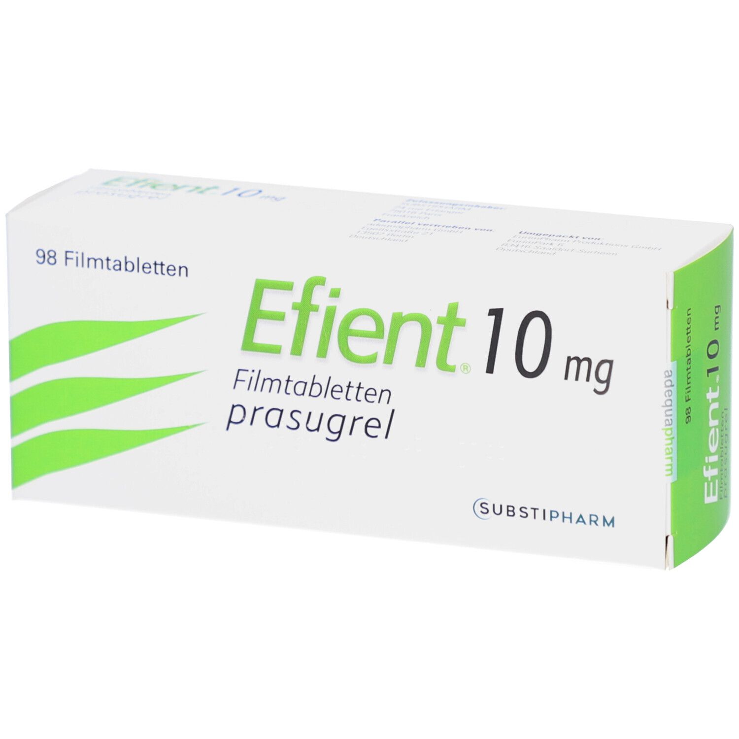 Schachtel mit EFIENT 10 mg Filmtabletten. Aufschrift: 98 Filmtabletten, prasugrel. Grüne Akzente. SUBSTIPHARM.
