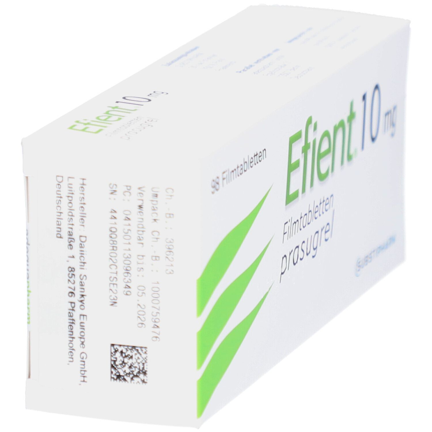 Schachtel mit EFIENT 10 mg Filmtabletten. Seitenansicht. Aufschrift: 98 Filmtabletten, prasugrel. Grüne Akzente. SUBSTIPHARM.