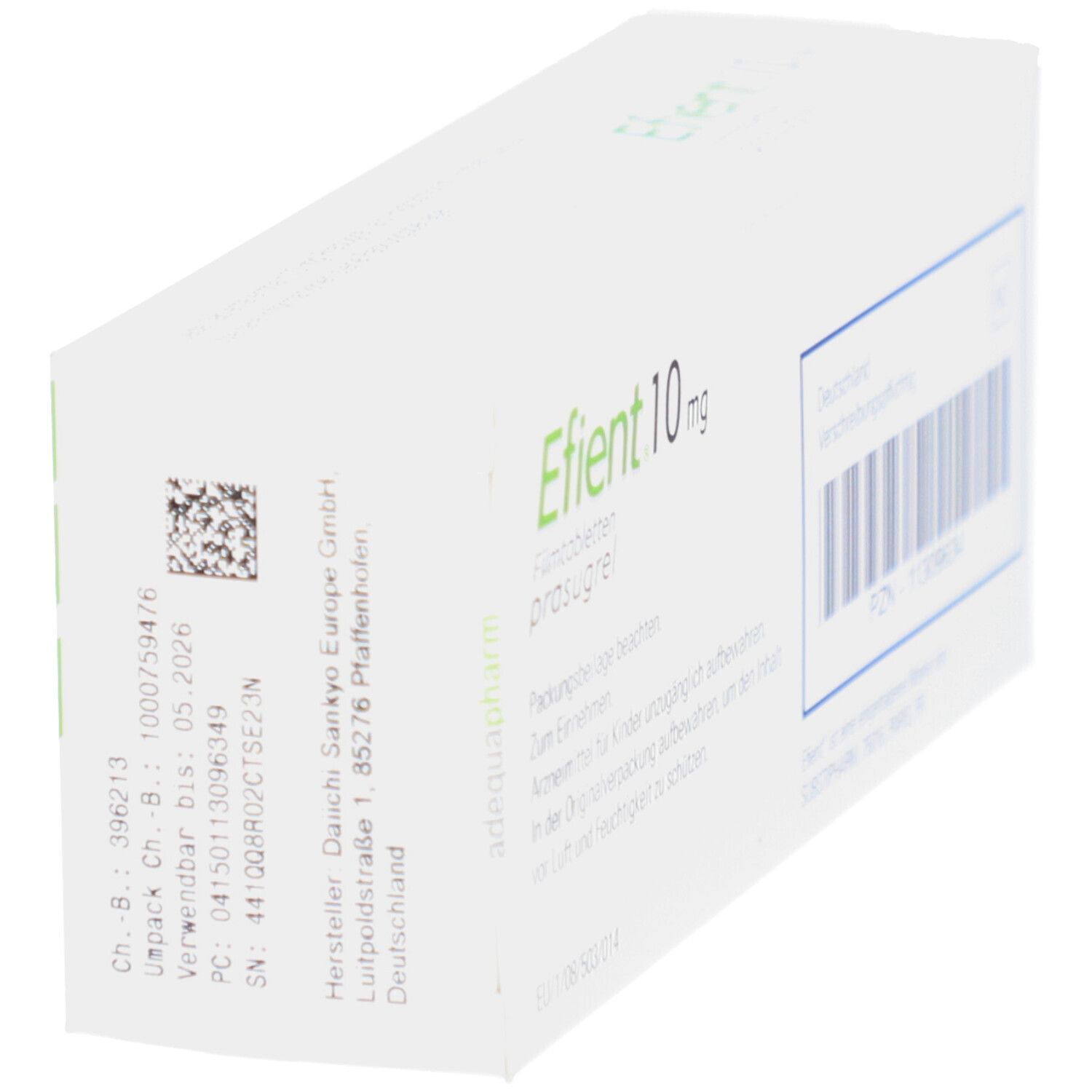Schachtel mit EFIENT 10 mg Filmtabletten. Seitenansicht. Aufschrift: prasugrel. Barcode und weitere Informationen.
