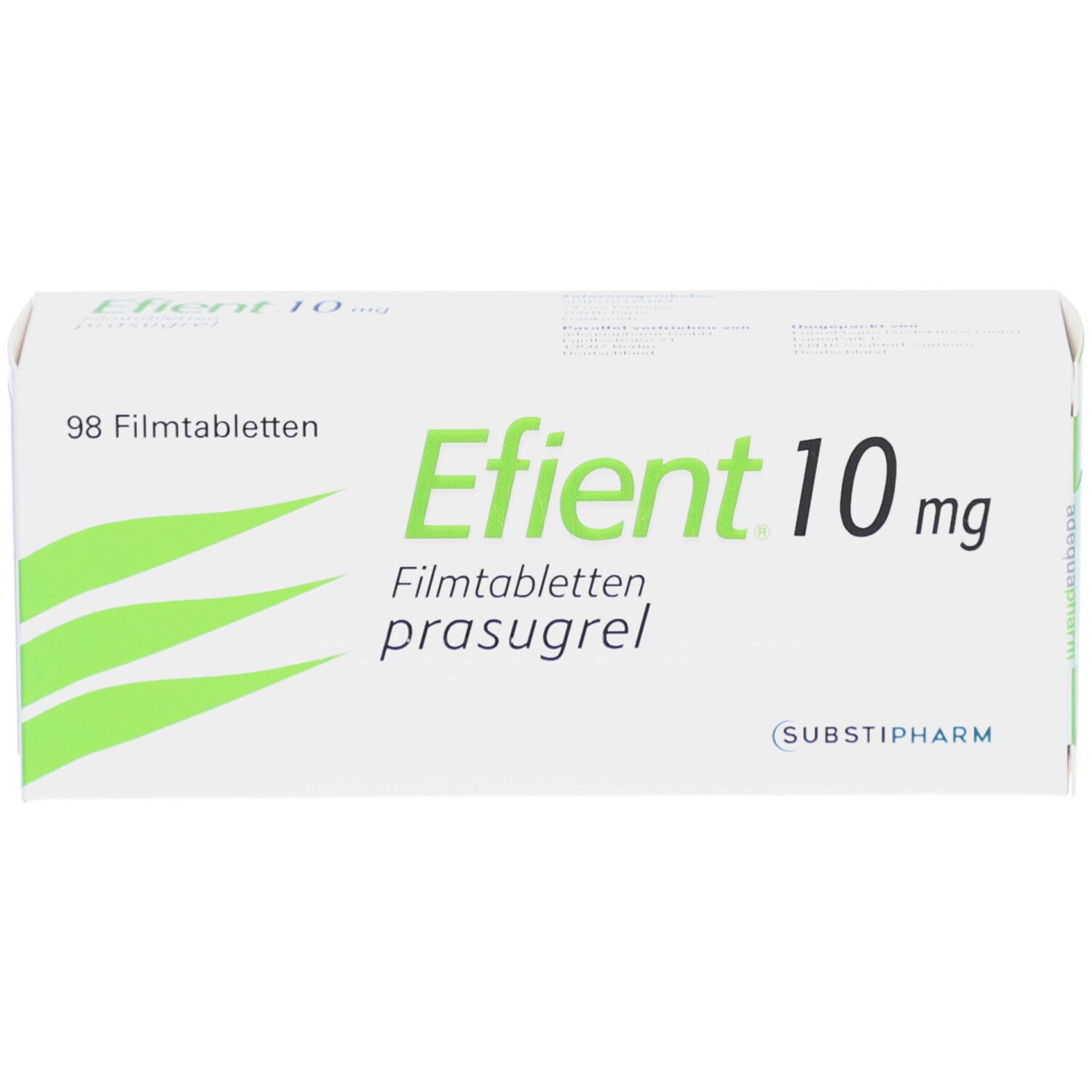 Schachtel mit EFIENT 10 mg Filmtabletten. Aufschrift: 98 Filmtabletten, prasugrel. Grüne Akzente. SUBSTIPHARM.
