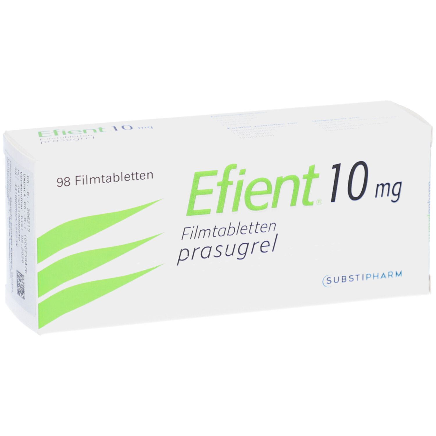 Schachtel mit EFIENT 10 mg Filmtabletten. Aufschrift: 98 Filmtabletten, prasugrel. Grüne Akzente. SUBSTIPHARM.
