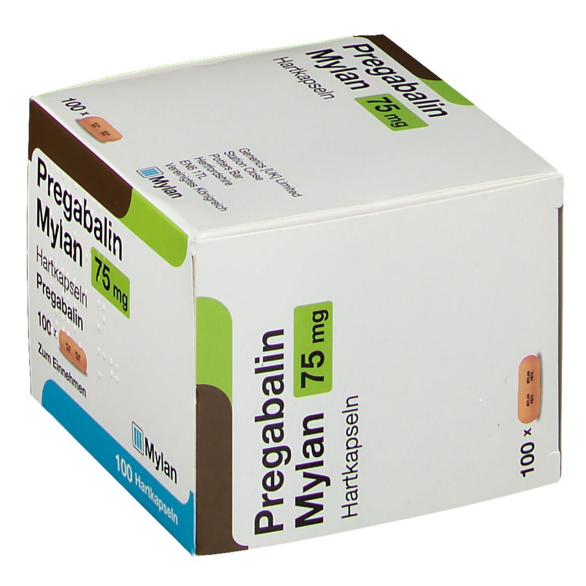 Schachtel mit Pregabalin Mylan 75 mg Hartkapseln. Aufschrift: 100 Hartkapseln. Mylan Logo.