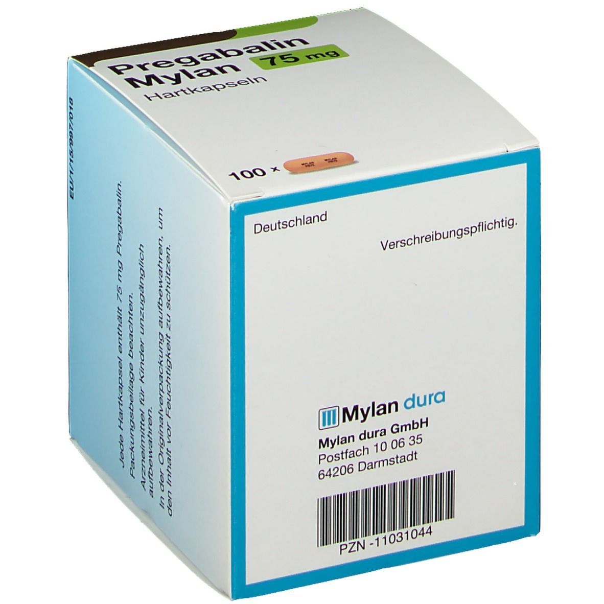 Schachtel mit Pregabalin Mylan 75 mg Hartkapseln. Aufschrift: 100 Hartkapseln. Mylan Logo.