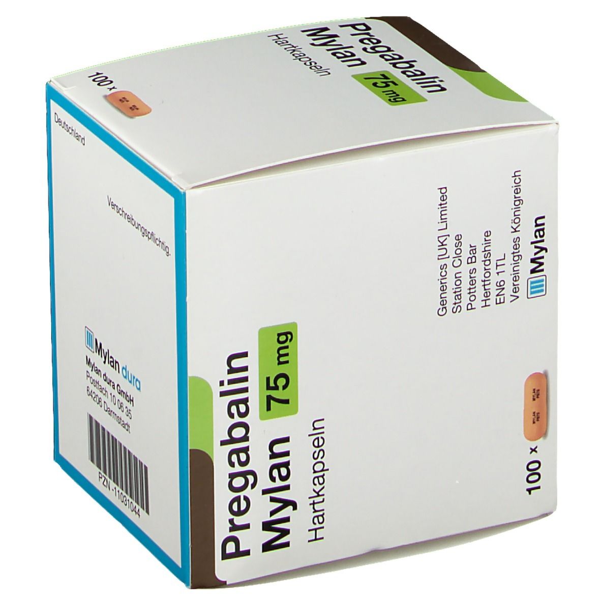 Schachtel mit Pregabalin Mylan 75 mg Hartkapseln. Aufschrift: 100 Hartkapseln. Mylan Logo.