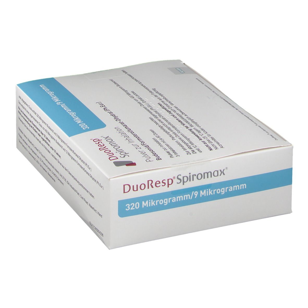 Weiß-blaue Schachtel. Aufschrift: DuoResp Spiromax, 320 Mikrogramm/9 Mikrogramm. Text in Deutsch.