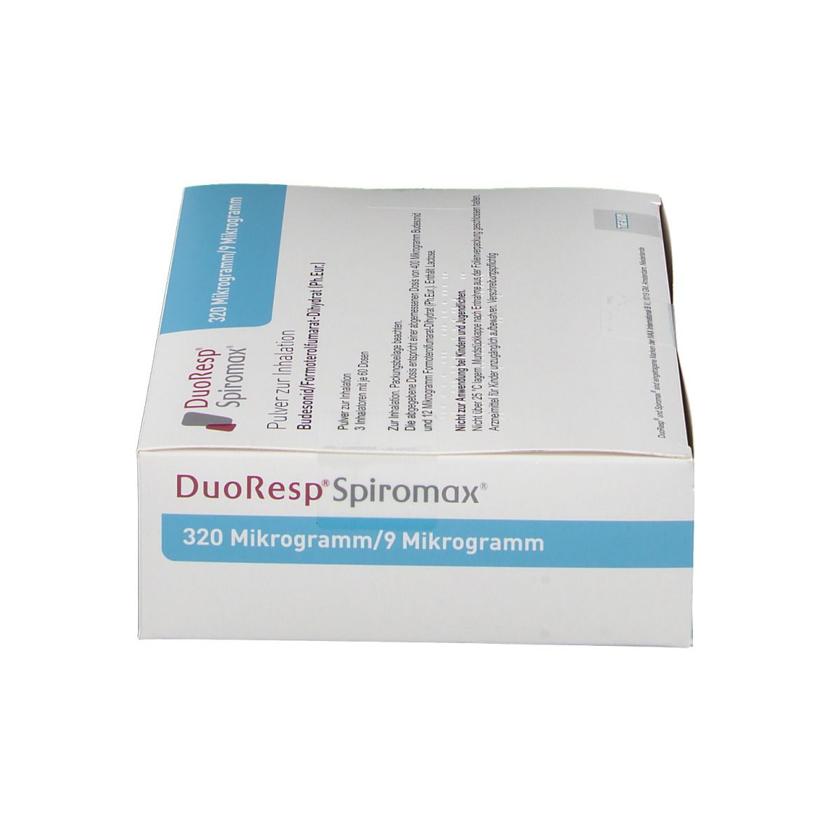 Weiße Schachtel mit blauer Ecke. Aufschrift: DuoResp Spiromax, 320 Mikrogramm/9 Mikrogramm. Text in Deutsch.