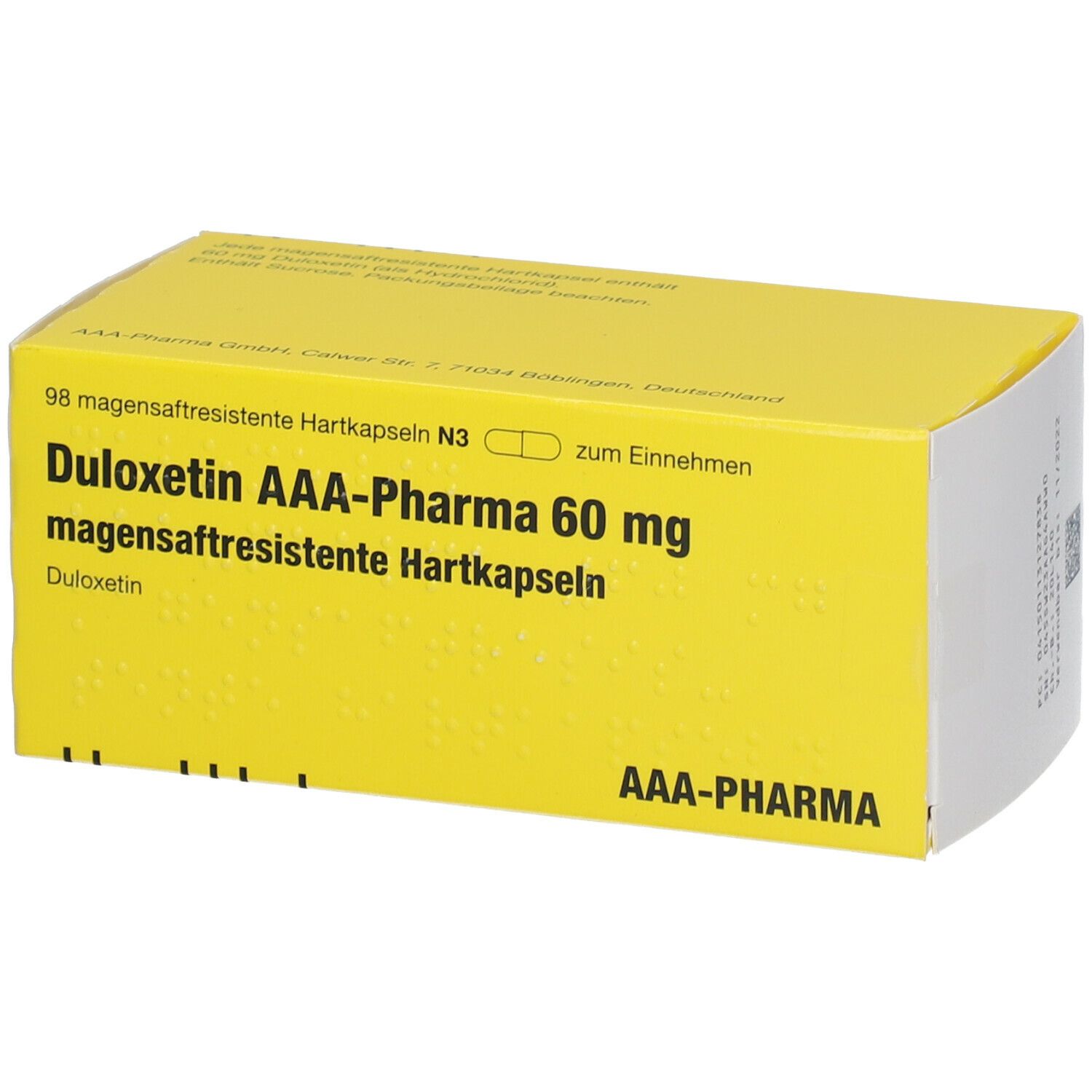 Gelbe Schachtel mit Aufschrift DULOXETIN AAA-PHARMA 60 mg. Enthält magensaftresistente Hartkapseln. AAA-PHARMA Logo.