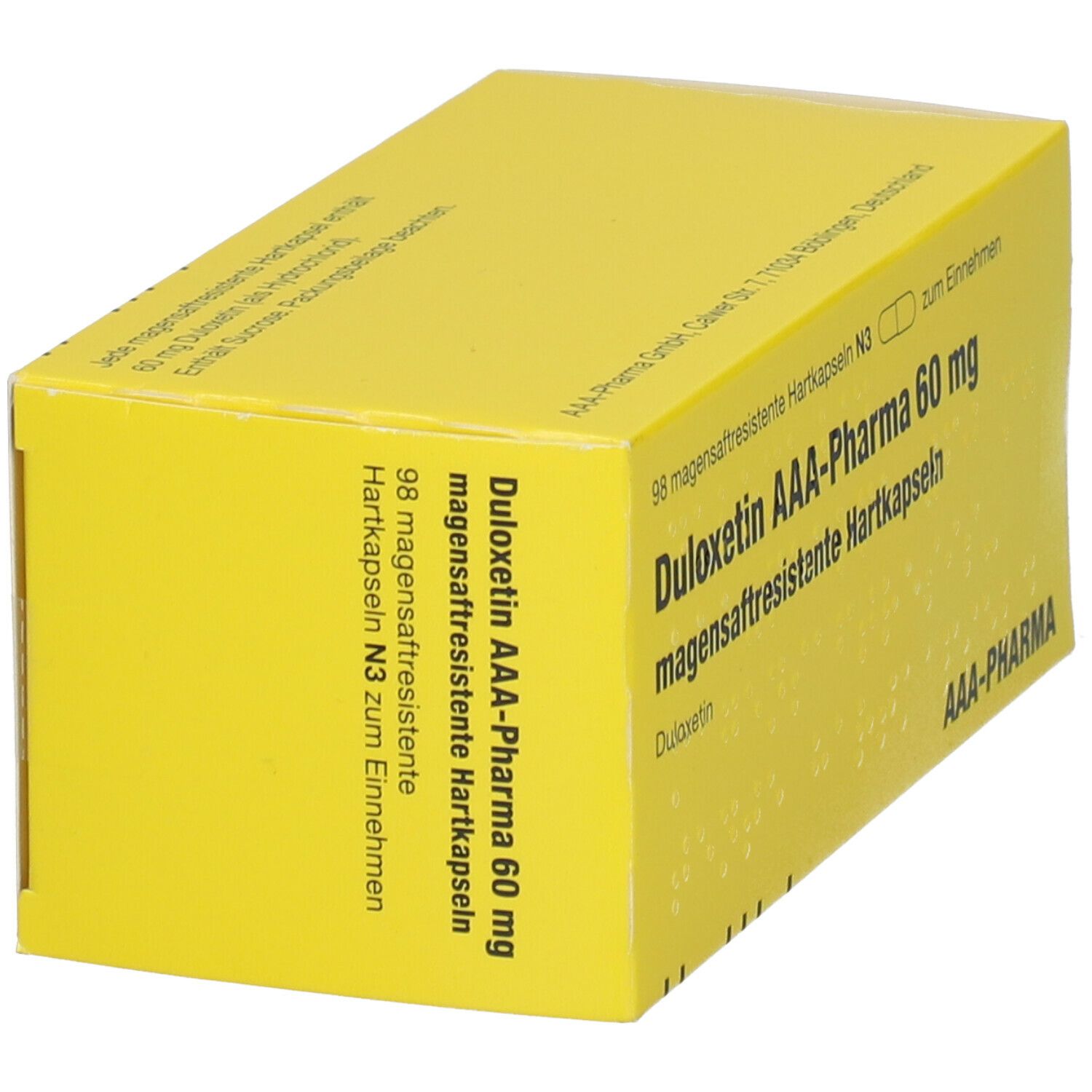 Gelbe Schachtel mit Aufschrift DULOXETIN AAA-PHARMA 60 mg. Enthält magensaftresistente Hartkapseln. AAA-PHARMA Logo.