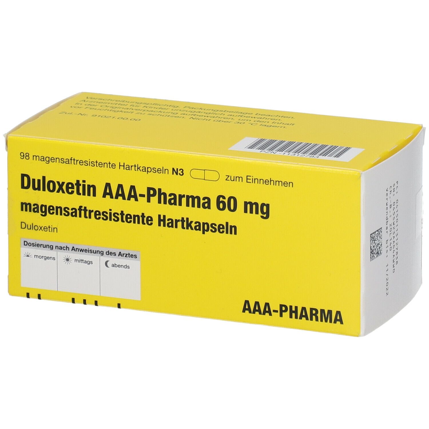 Gelbe Schachtel mit Aufschrift DULOXETIN AAA-PHARMA 60 mg. Enthält magensaftresistente Hartkapseln. AAA-PHARMA Logo.