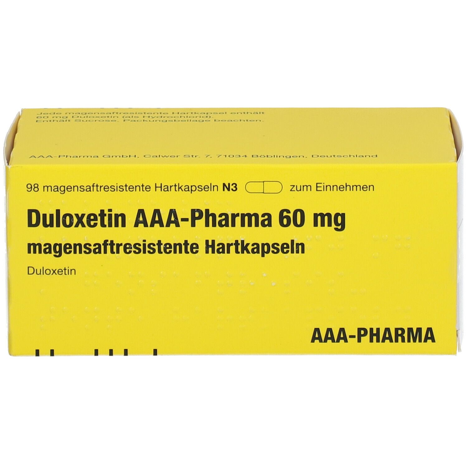 Gelbe Schachtel mit Aufschrift DULOXETIN AAA-PHARMA 60 mg. Enthält magensaftresistente Hartkapseln. AAA-PHARMA Logo.