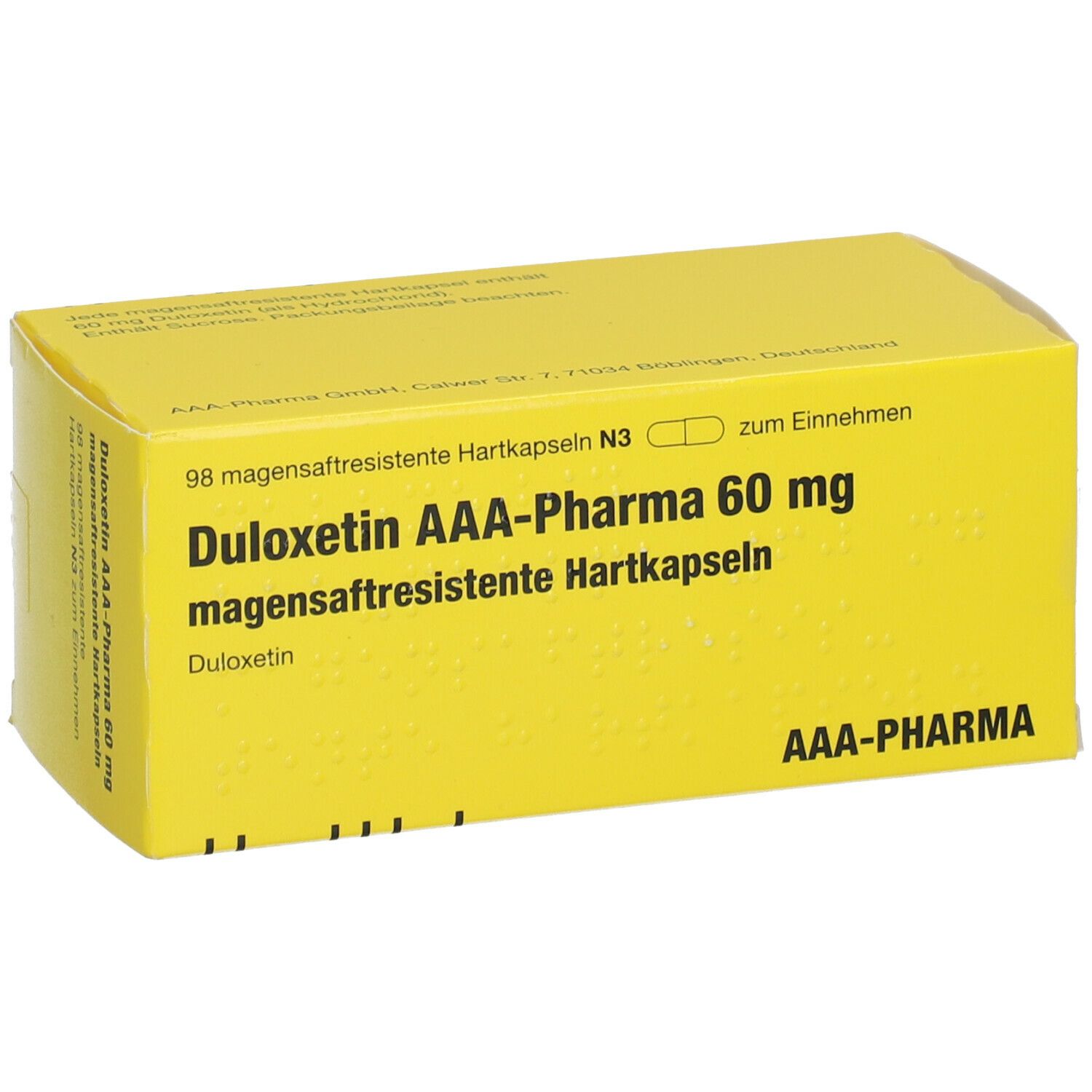 Gelbe Schachtel mit Aufschrift DULOXETIN AAA-PHARMA 60 mg. Enthält magensaftresistente Hartkapseln. AAA-PHARMA Logo.