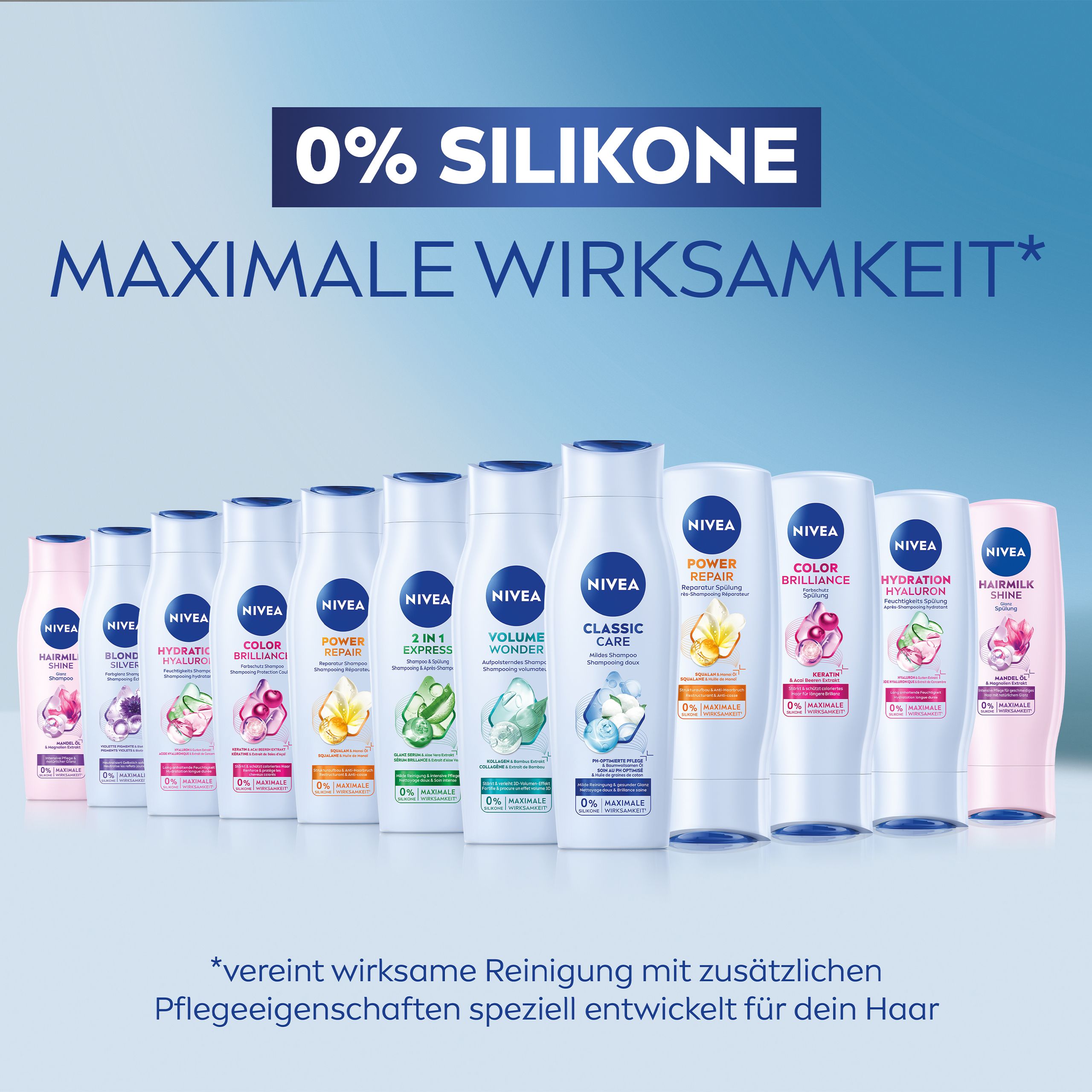 Reihe von NIVEA Haarpflegeprodukten, darunter Power Repair Spülung. 0% Silikone, maximale Wirksamkeit.