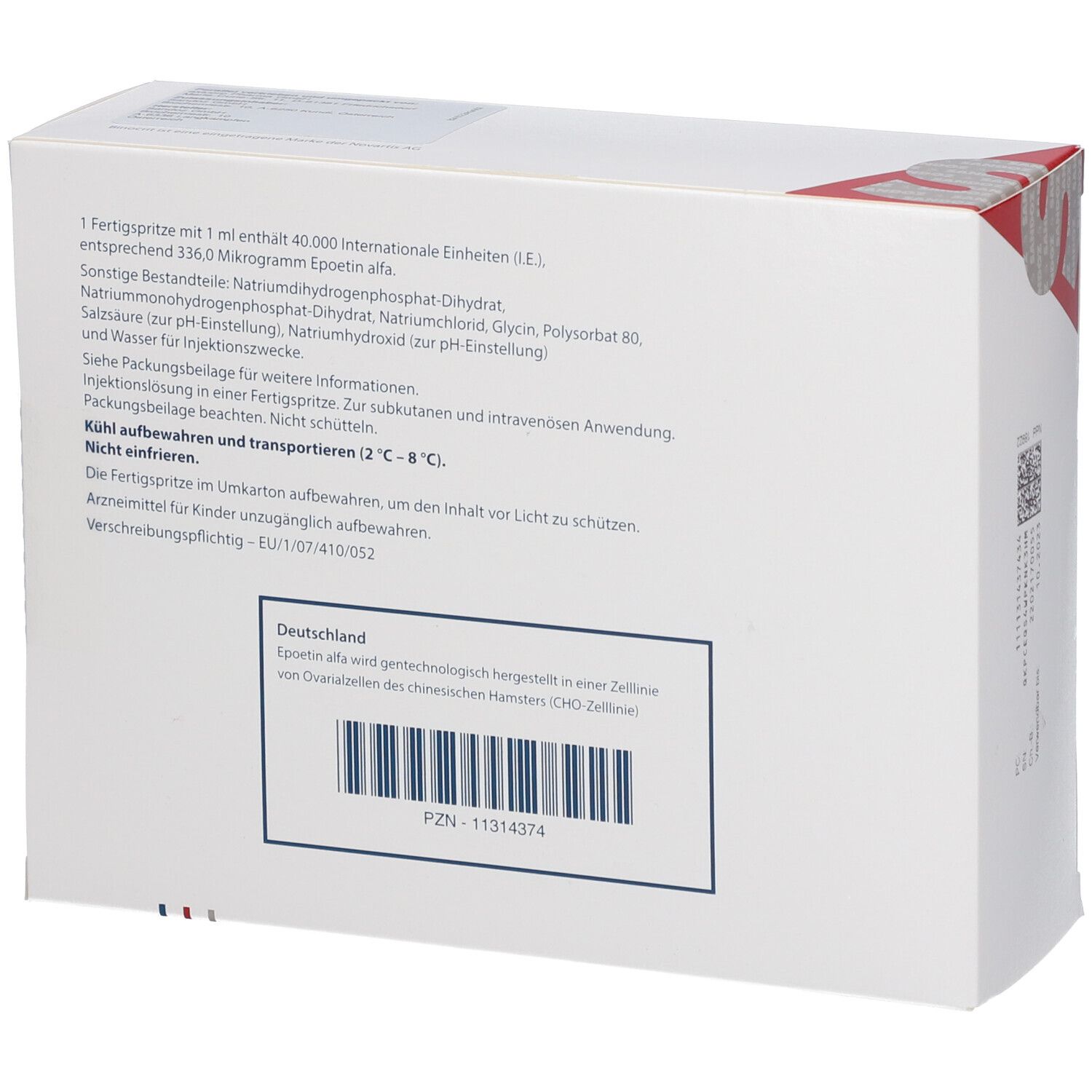 Rückseite des weißen Kartons. Textinformationen. Aufschrift: Binocrit. Herstellerinformationen. PZN-11314374.