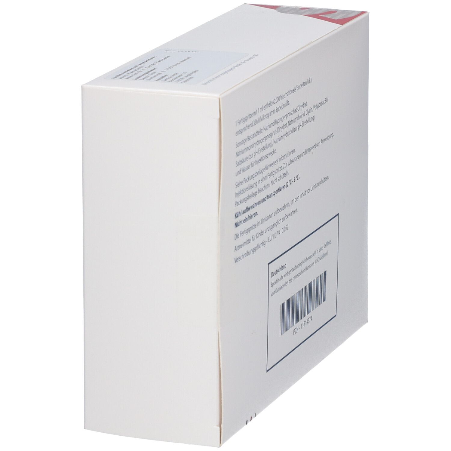 Seitenansicht des weißen Kartons. Textinformationen. Barcode. Herstellerinformationen. Kühl lagern.