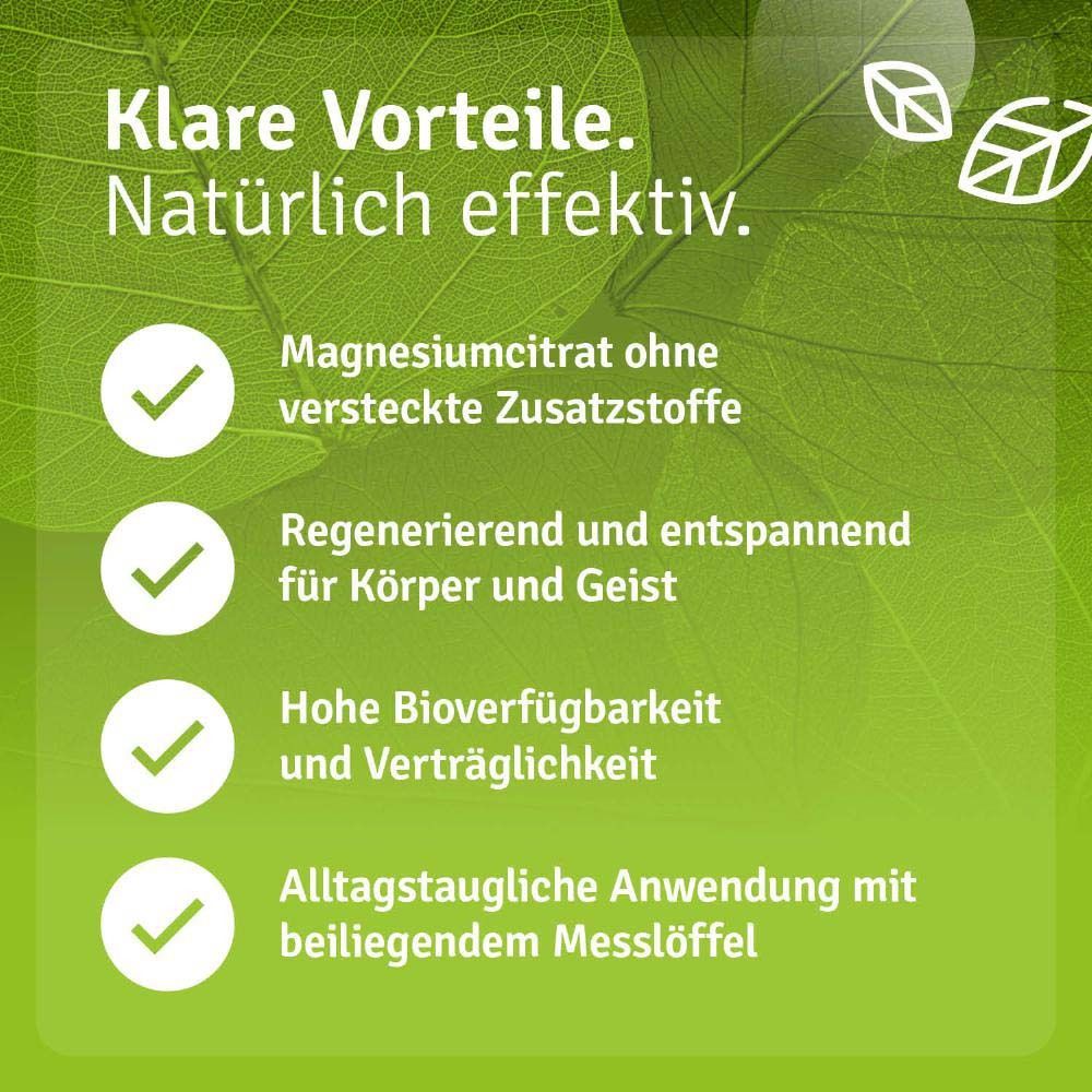 Grüne Grafik mit Text: Klare Vorteile. Magnesiumcitrat ohne Zusatzstoffe. Regenerierend für Körper und Geist.