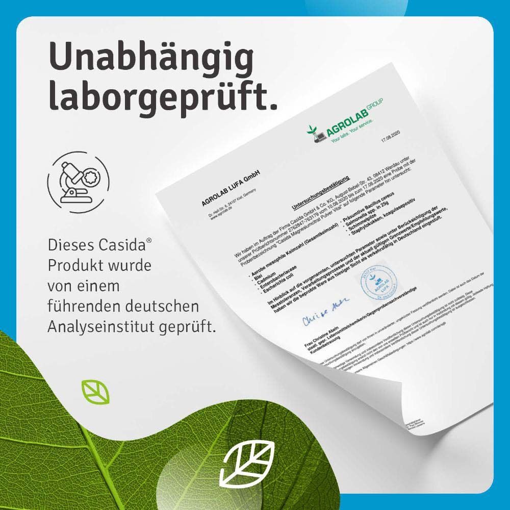 Zertifikat von AGROLAB LUFA. Text: Dieses Casida Produkt wurde von einem führenden deutschen Analyseinstitut geprüft.