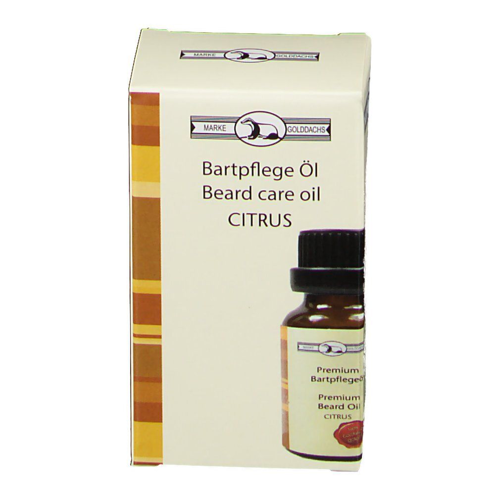 Karton mit Bartpflegeöl-Flasche. Aufschrift: Bartpflege Öl Citrus. Marke GOLDDACHS.