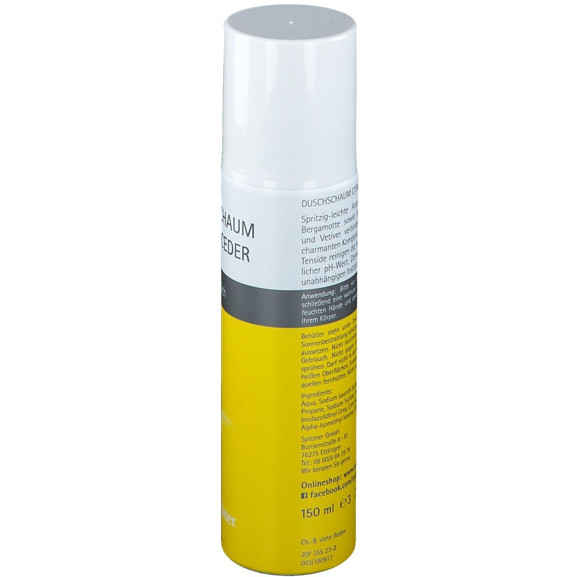 Gelb-weiße Sprühflasche. Aufschrift Duschschaum Citrus-Ceder. Rückseite mit Inhaltsstoffen und Herstellerinformationen. 150 ml.