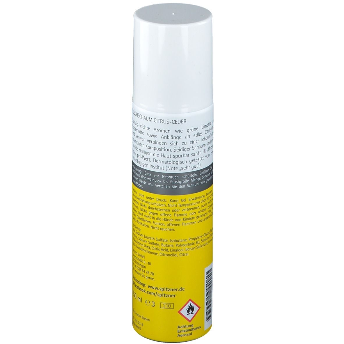 Gelb-weiße Sprühflasche. Aufschrift Duschschaum Citrus-Ceder. Rückseite mit Text und Gefahrensymbol. 50 ml.