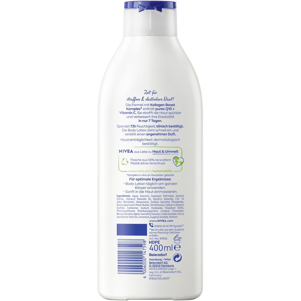Weiße Flasche NIVEA Body Lotion Straffend Q10 mit blauem Deckel. Text: "NEUE FORMEL IN 7 TAGEN STRAFFERE HAUT".