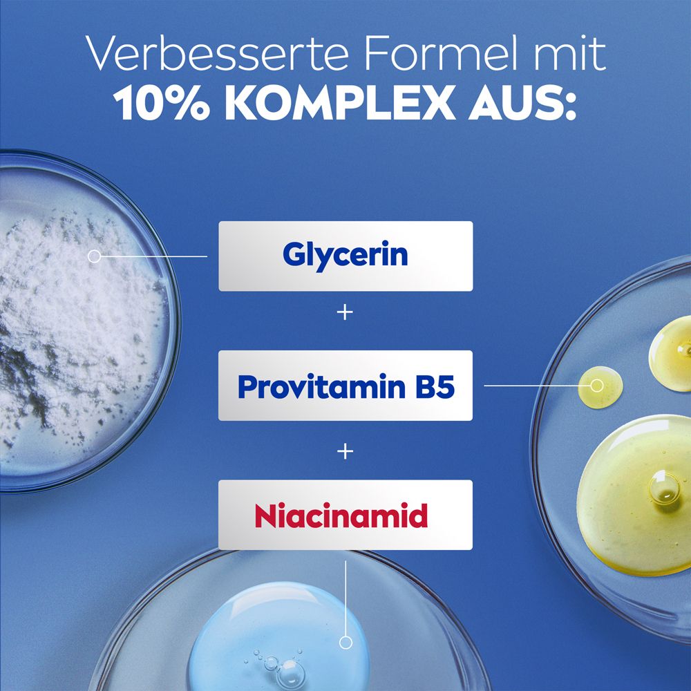 Inhaltsstoffe NIVEA Body Lotion Repair & Care: Glycerin, Provitamin B5, Niacinamid. Verbessertes 10% Komplex.