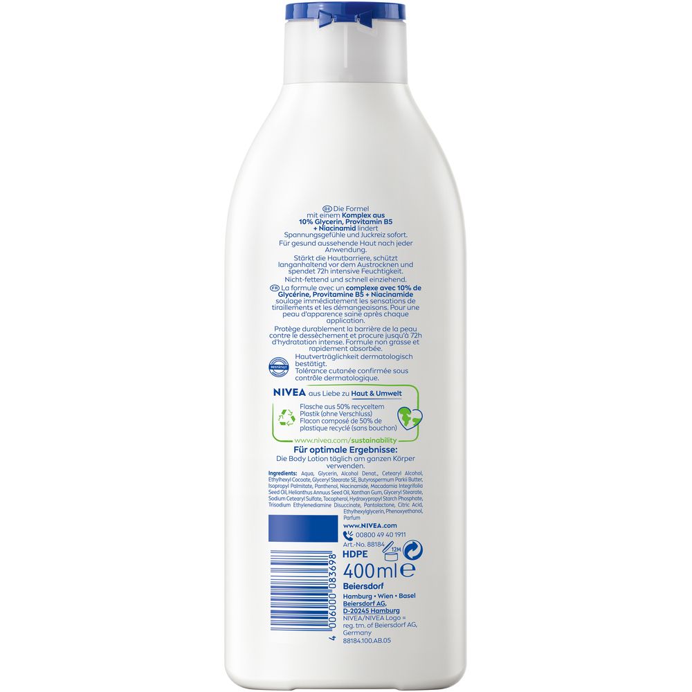 Rückseite NIVEA Body Lotion Repair & Care. Enthält 10% Komplex aus Glycerin, Provitamin B5, Niacinamid. 72h Feuchtigkeit.