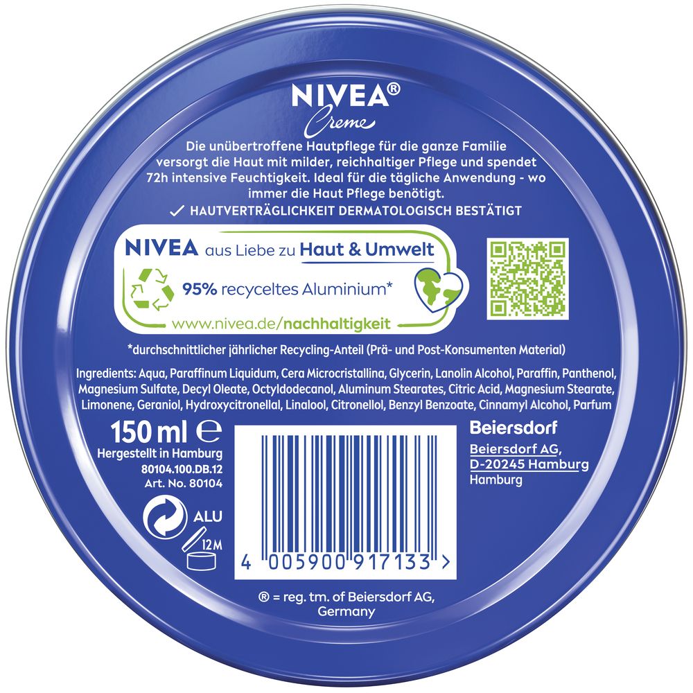 Rückseite einer NIVEA Creme Dose mit Produktinformationen und Barcode.