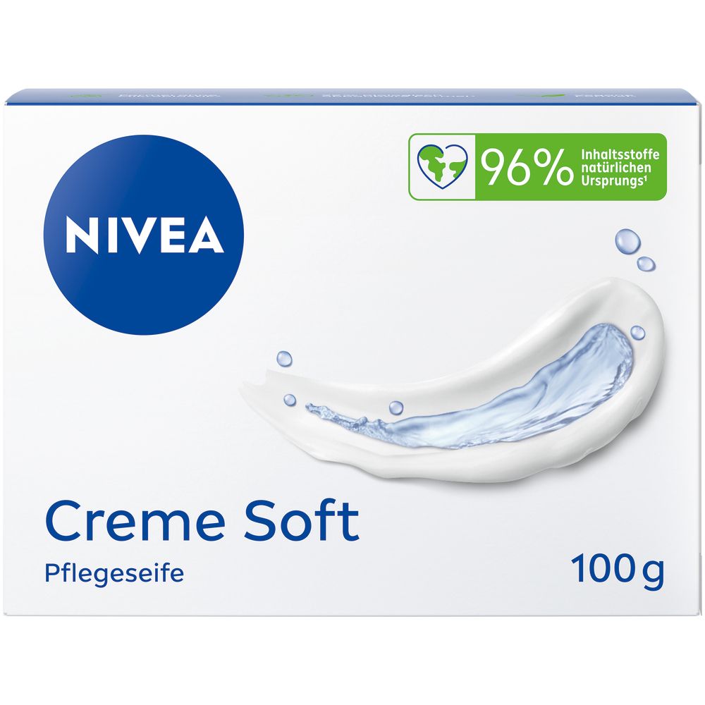 Verpackung der NIVEA Creme Soft Pflegeseife. Sie ist weiß mit blauen Akzenten und zeigt eine cremige Textur.