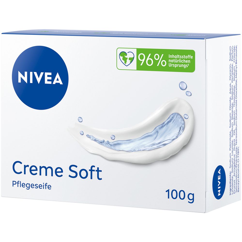 Vorderseite der NIVEA Creme Soft Pflegeseife-Verpackung. Sie zeigt den Markennamen, Produktnamen und 100g.