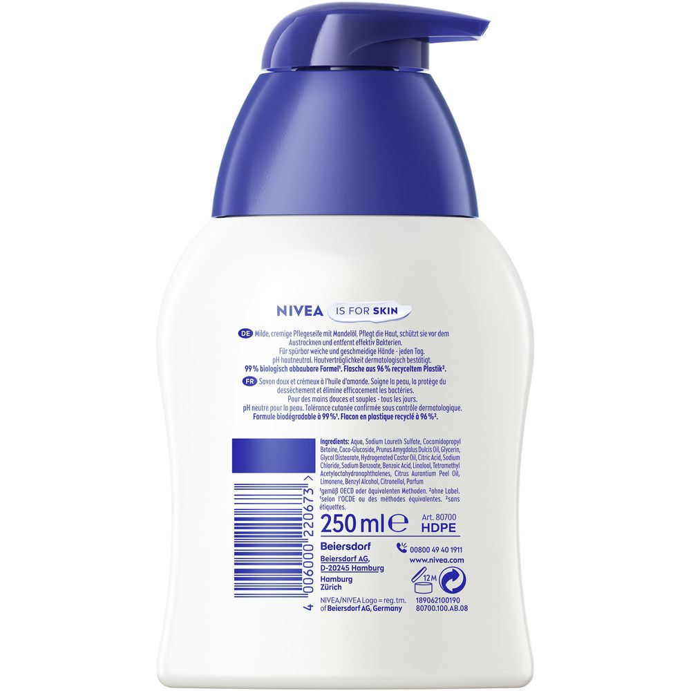 Weiße Seifenspenderflasche mit blauer Pumpe und Kappe. Enthält 250 ml. Marke: Nivea.
