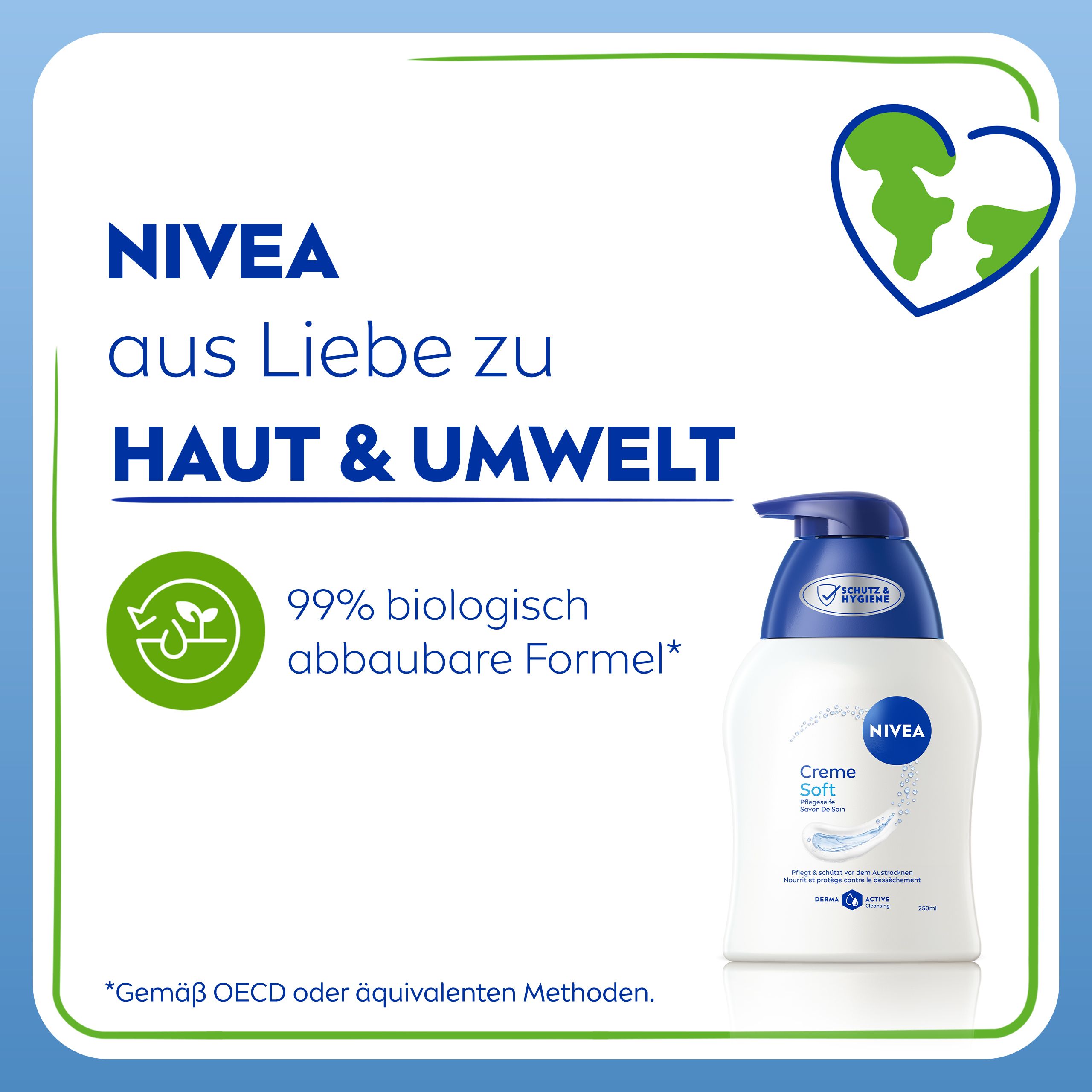 Nivea Creme Soft Pumpspender mit 99% biologisch abbaubarer Formel.