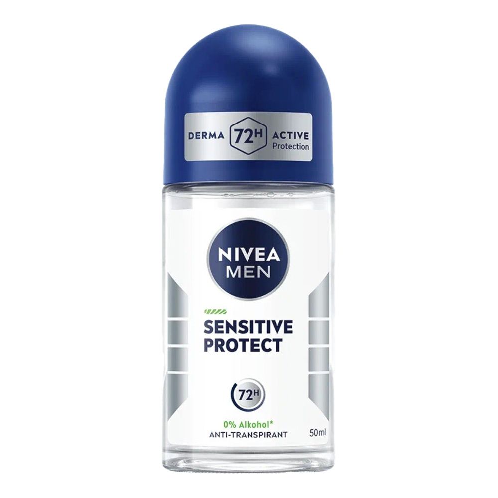 NIVEA MEN Sensitive Protect Roll-On. Blaue Kappe, transparente Flasche. Aufschrift: Sensitive Protect, 72H Active Protection, 0% Alkohol.