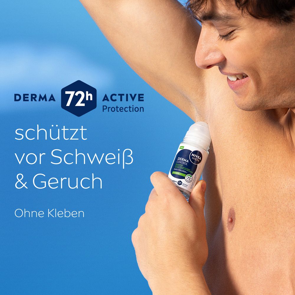 Mann trägt NIVEA MEN Sensitive Protect Roll-On auf. "Schützt vor Schweiß & Geruch. Ohne Kleben."