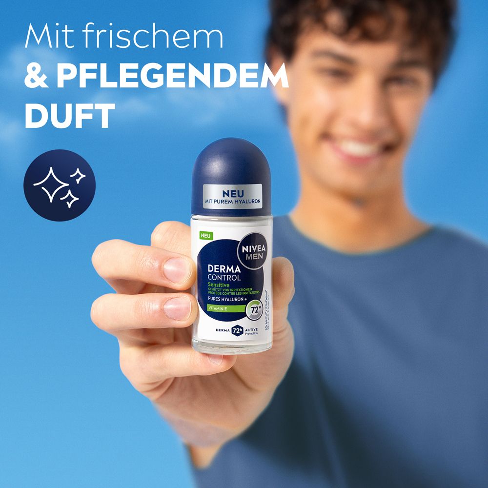 Mann hält NIVEA MEN Sensitive Protect Roll-On. "Mit frischem & pflegendem Duft."