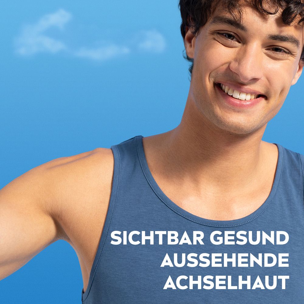 NIVEA MEN Sensitive Protect Roll-On. Glasflasche mit blauem Deckel. "DERMA 72h ACTIVE Protection".