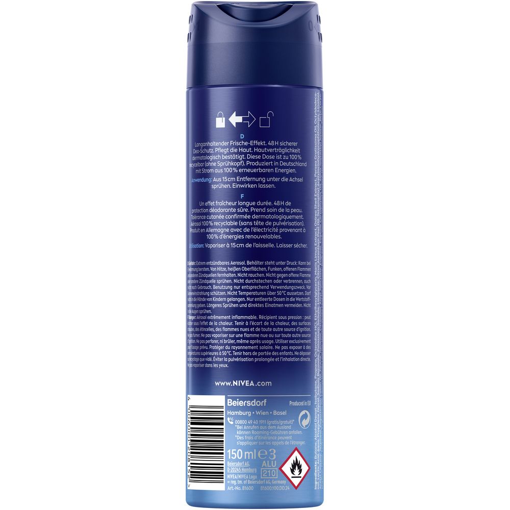 Rückseite der NIVEA MEN Fresh Active Deodorant Dose mit Inhaltsstoffen und Anwendungshinweisen.
