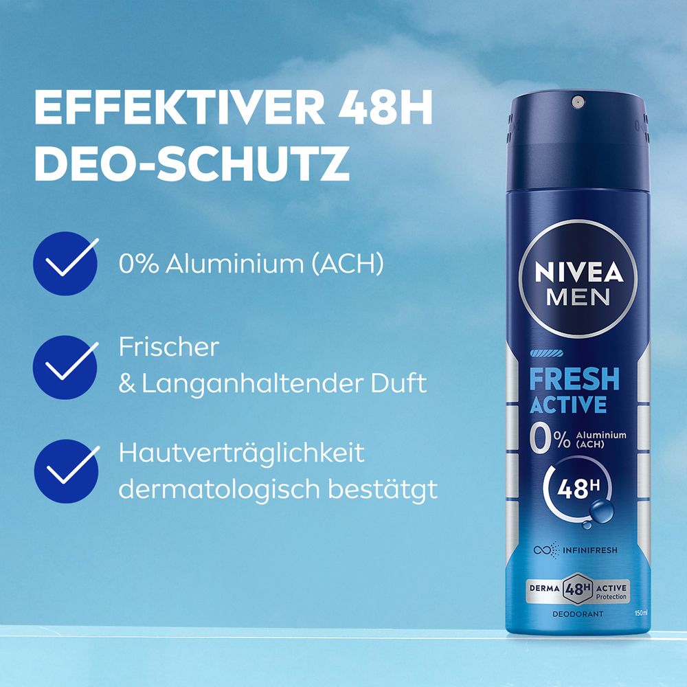 NIVEA MEN Fresh Active Deodorant: 48h Schutz, 0% Aluminium, frischer Duft, dermatologisch getestet.