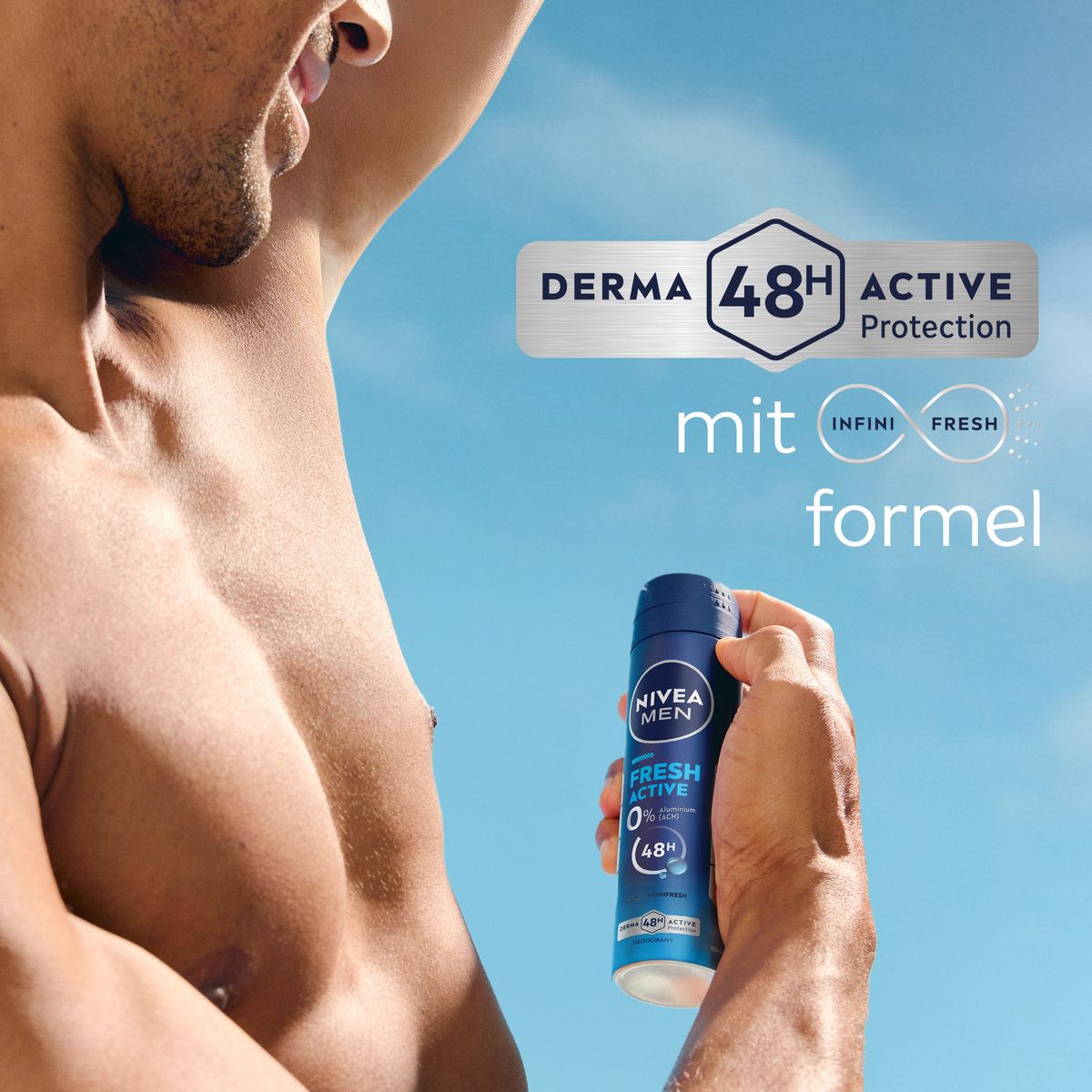 Mann hebt Arm, hält NIVEA MEN Fresh Active Deodorant Spray. "DERMA 48H ACTIVE Protection" und "INFINI FRESH" sind sichtbar.