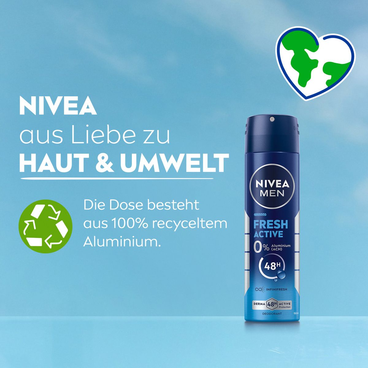 NIVEA MEN Fresh Active Deodorant Spray neben Herz-Symbol und Recycling-Symbol. Text: Aus Liebe zu Haut & Umwelt.