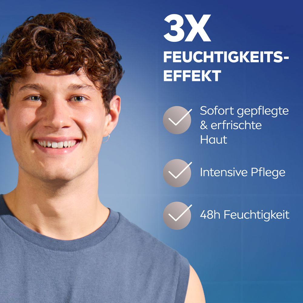 Mann mit NIVEA MEN Hydro Care Gesichtscreme. 3x Feuchtigkeitseffekt, 48h Feuchtigkeit.