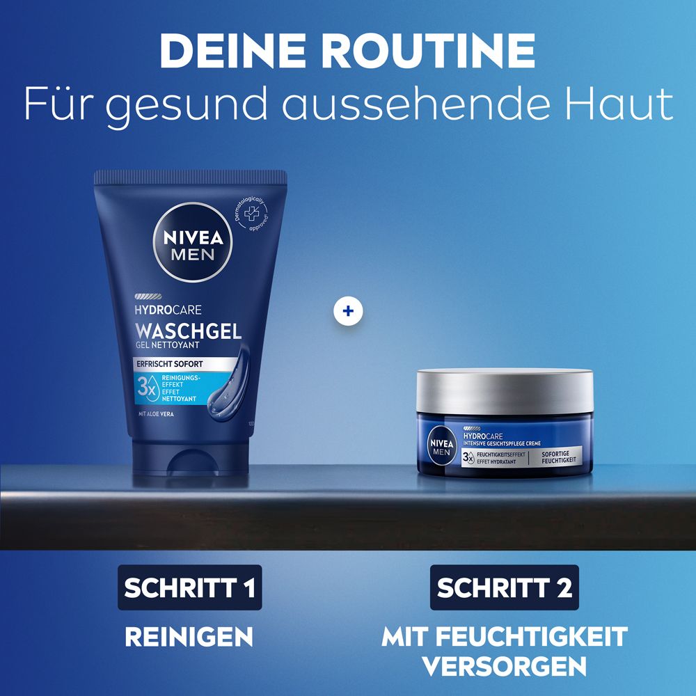NIVEA MEN Hydro Care Waschgel und Gesichtscreme für die Hautpflegeroutine.