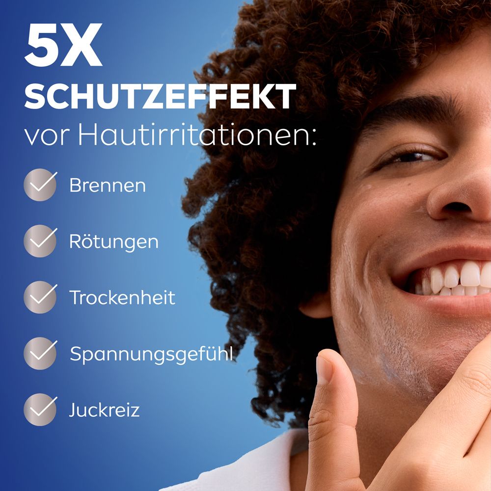 Mann mit Bart, 5x Schutzeffekt vor Hautirritationen: Brennen, Rötungen, Trockenheit, Spannungsgefühl, Juckreiz.