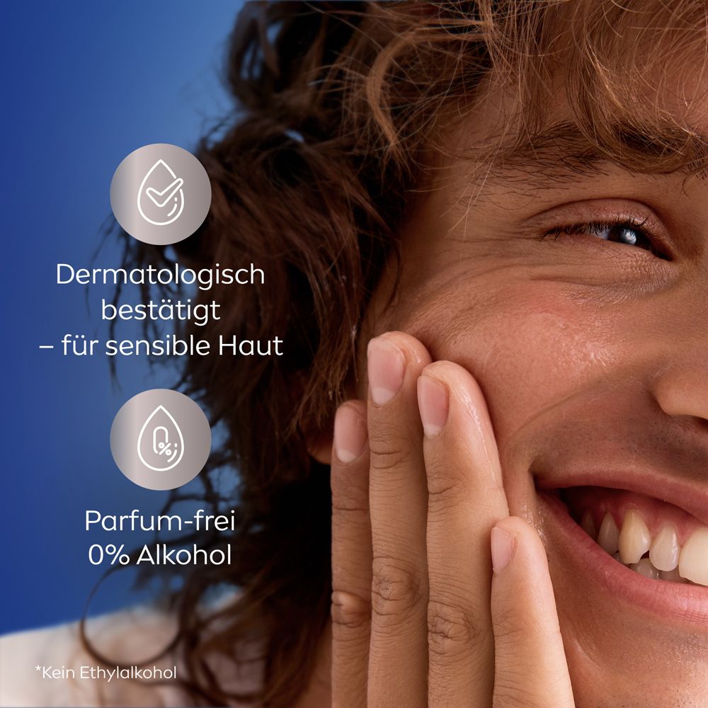 Dermatologisch bestätigt für sensible Haut. Parfümfrei, 0% Alkohol.