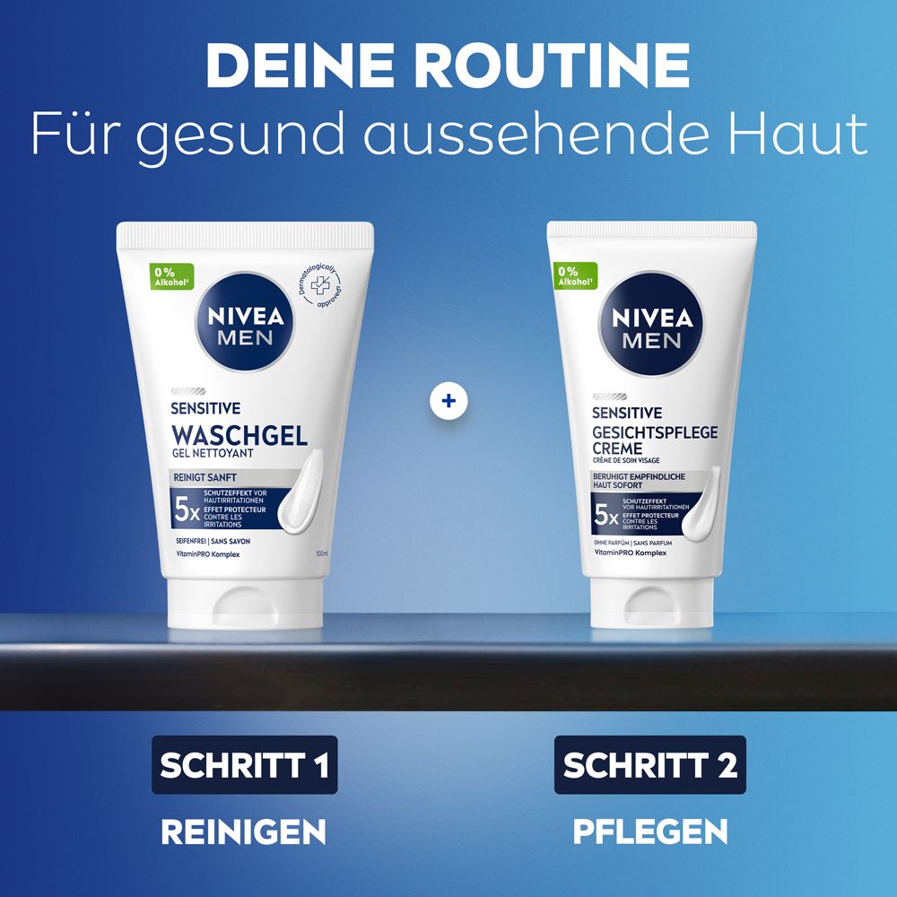 Pflege-Routine: NIVEA MEN Sensitive Waschgel und Gesichtspflege Creme.