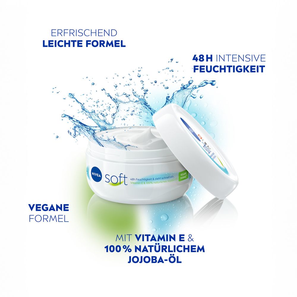 NIVEA Soft Feuchtigkeitscreme Tiegel mit Spritzwasser-Effekt. Enthält Vitamin E und Jojoba-Öl.