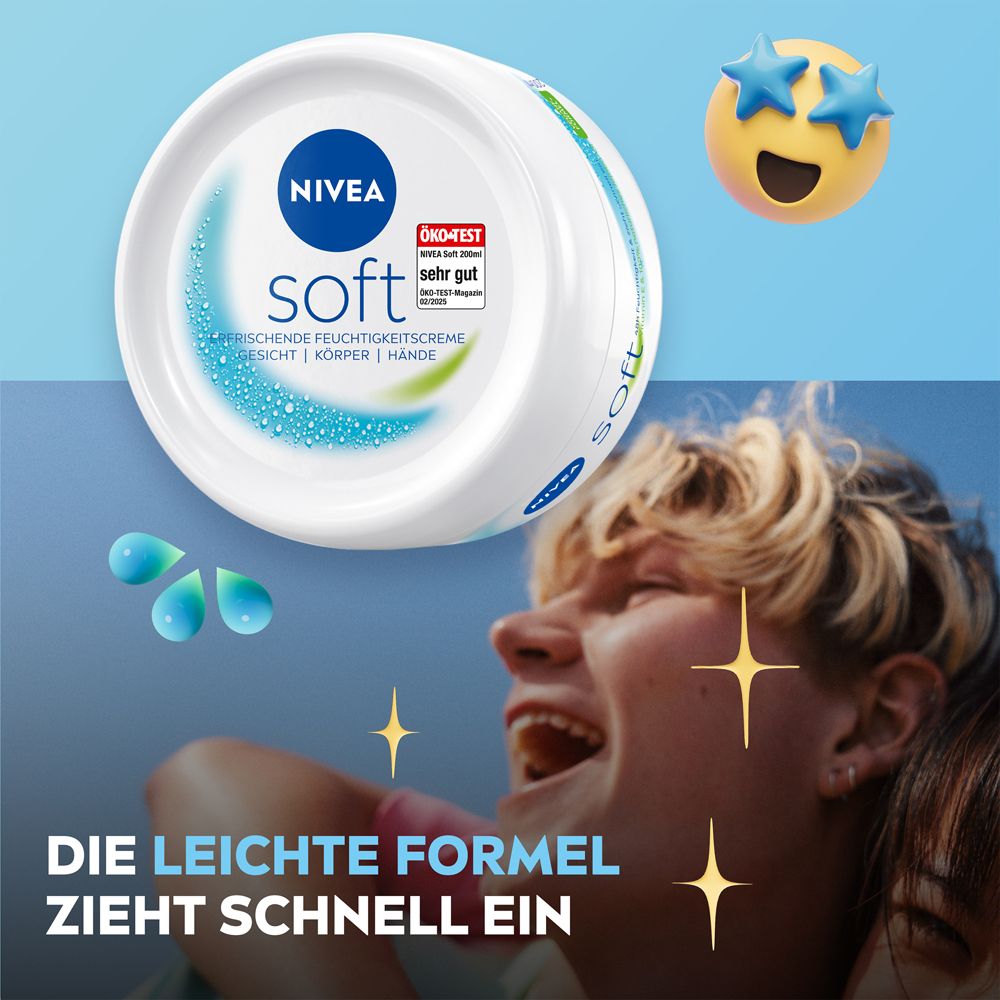 NIVEA Soft Feuchtigkeitscreme Tiegel mit lachendem Mädchen. "Die leichte Formel zieht schnell ein".