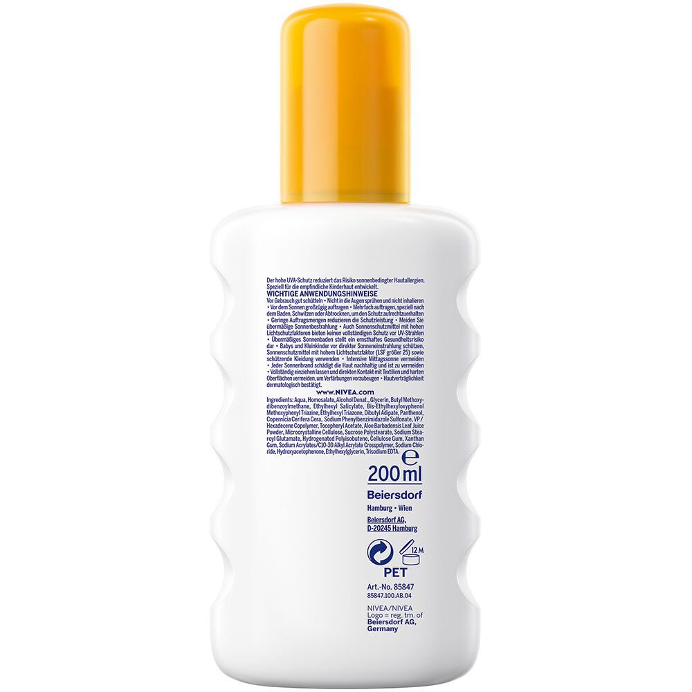 Weiße Flasche mit gelbem Verschluss. Text auf Deutsch. 200ml. Beiersdorf. PET-Symbol.
