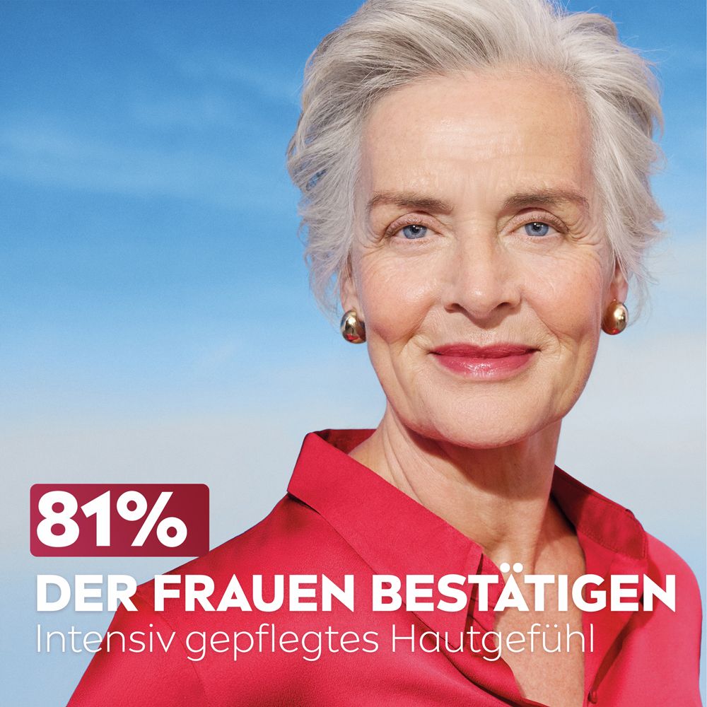Porträt einer älteren Frau mit dem Text '81% der Frauen bestätigen intensiv gepflegtes Hautgefühl'.